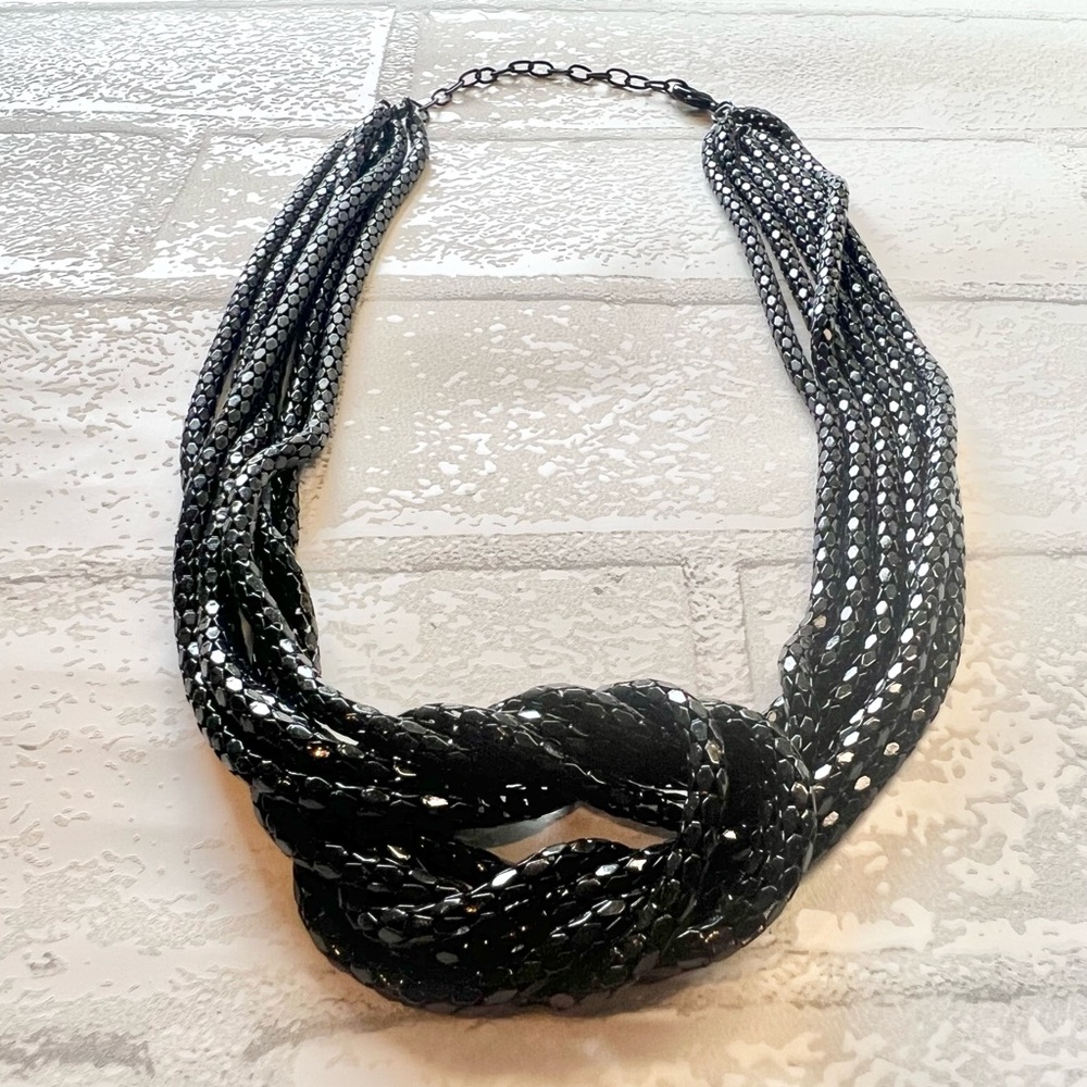 Vintage Black MultiStrand Liquid Metal Style Statement Necklace Knotted Mesh 20"